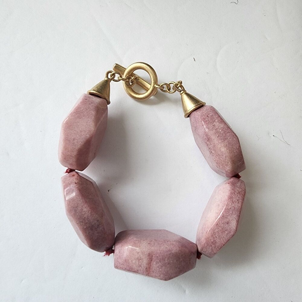 Lauren Ralph Lauren Pink Quartz Chunky Stone Goldtone Toggle Clasp Bracelet Vtg